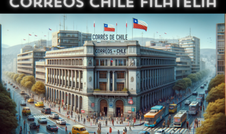 A horizontal, full-frame image depicting the Correos de Chile Filatelia building of Correos Chile, ensuring the scene occupies the entire field without cropping on the sides. The image showcases a lively urban setting outside the Correos de Chile Filatelia building, with people and vehicles indicative of a bustling Chilean city. Local individuals, in a mix of traditional and contemporary attire, are seen walking, talking, and interacting near the entrance. Nearby, various vehicles, including cars and Chilean public transport, add to the scene's dynamism. A Chilean flag waves prominently, symbolizing national pride. The architectural style of the building blends modern with traditional elements, featuring the Correos de Chile logo. The URL https://www.cryptostampstop.com/ appears in the image, seamlessly integrated into the scene, perhaps on a sign or digital display near the building, providing context and a modern touch to the traditional postal service setting.