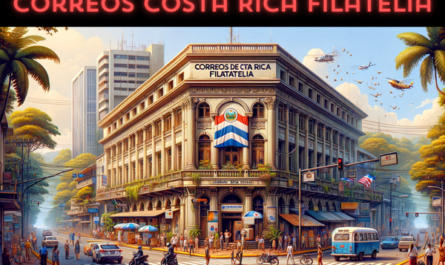 A horizontal, full-width image depicting the Correos de Costa Rica Filatelia building in Costa Rica, ensuring the scene is lively and filled with local elements. The image captures a bustling atmosphere outside the building, with people in a mix of casual and business attire reflecting the diversity of Costa Rican culture. These individuals are engaging in various activities, such as walking, talking, and using the postal services. Local vehicles, including cars and motorcycles, are parked or moving along the street, adding to the urban vibe. The Costa Rican flag is displayed prominently, symbolizing national pride. This setting not only showcases the architecture of the Correos de Costa Rica Filatelia building but also the vibrant street life. To incorporate a unique element, the URL 'https://www.cryptostampstop.com/' appears in the image, integrated naturally into the scene, perhaps as a sign or advertisement on the side of the building or on a billboard, blending seamlessly with the environment.