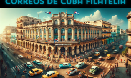 A horizontal image of the Correos de Cuba Filatelia building, fully utilizing the image field without cropping the sides. The scene is vibrant and captures the essence of Cuban life. Local people are depicted in various activities, some walking by, others talking, and a few engaging in transactions related to philatelic services. There are vintage cars and modern motorcycles, reflecting the unique mix of transportation in Cuba. The Cuban flag is prominently displayed, either on the building or on a nearby flagpole, symbolizing national pride. The architecture of the building blends traditional Cuban styles with modern touches. In the corner of the image, the URL 'https://www.cryptostampstop.com/' is subtly integrated, indicating a connection to the depicted philatelic theme.