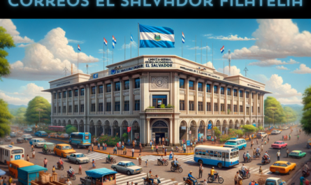 A full horizontal image of the Correos de El Salvador Filatelia building, part of the General Directorate of Posts in El Salvador, without cropping on the sides to ensure the entire scene is captured. This image vividly showcases the vibrant daily life around this significant building. The architecture combines modern and traditional Salvadoran styles, with a prominent entrance displaying the name 'Correos de El Salvador Filatelia - Dirección General de Correos El Salvador'. The scene is bustling with local people in a mix of traditional and contemporary attire, indicative of Salvadoran culture. Nearby, various types of vehicles, including cars, bikes, and motorcycles, reflect the local transportation. A Salvadoran flag waves proudly in the scene, symbolizing national pride. The setting is urban, with the clear sky above and local flora adding to the ambiance.