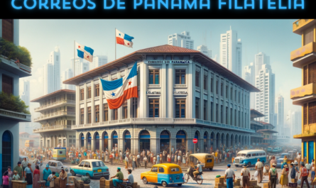 A horizontal image of the 'Correos de Panamá Filatelia' building in Panama, featuring local people, vehicles, and the Panamanian flag. The scene captures the essence of a busy Panamanian street. People in diverse attire, ranging from traditional Panamanian clothing to modern casual wear, are seen walking, talking, and engaging in daily activities near the building. Some are postal workers, identifiable by their uniforms. The street is bustling with typical Panamanian vehicles like cars, taxis, and bicycles. A large Panamanian flag is prominently displayed, either on a flagpole or on the building itself, symbolizing national pride. The architecture of the building combines modern and tropical styles, reflecting the unique character of Panamanian urban design.