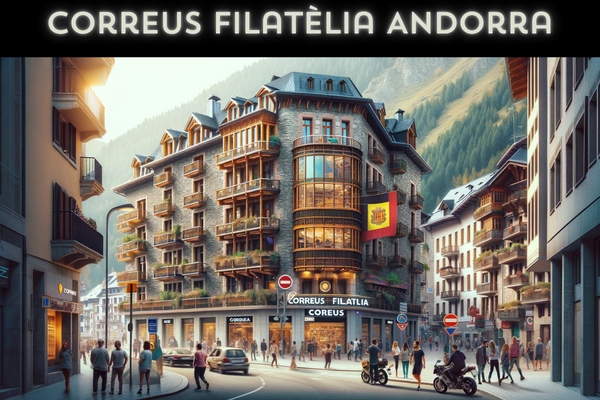 A horizontal, full-width image of the Correus Filatèlia building in Andorra, fully utilizing the image space without cropping the sides. This scene captures the essence of Andorra with local people and vehicles, underlining the vibrant street life. People in a mix of modern and traditional Andorran attire are seen walking, engaging in conversations, and going about their daily activities. Various local vehicles, including cars and motorcycles, are parked or moving along the street, contributing to the dynamic urban environment. A flag of Andorra is prominently displayed, symbolizing national pride. The architecture of the building blends modern elements with traditional Andorran styles, featuring stone facades and wooden accents. The image creatively incorporates the URL 'https://www.cryptostampstop.com/' within the scene, perhaps displayed on a sign or digitally overlaid in a manner that blends seamlessly with the urban setting.