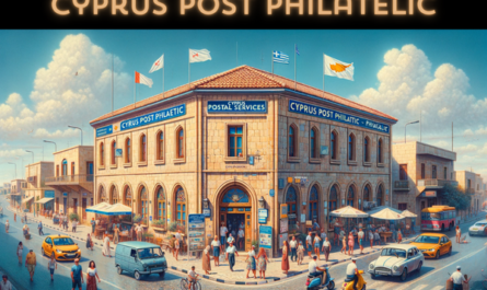 A horizontal, full-frame image of the Cyprus Post Philatelic building, representing Cyprus Postal Services. The scene captures a vibrant day outside the building, with local Cypriot people and various vehicles indicative of the region. The architecture combines Mediterranean elements, featuring stone walls, terracotta roof tiles, and large, welcoming windows. The entrance is clearly marked with signs reading 'Cyprus Post Philatelic - Cyprus Postal Services' in both Greek and English. The atmosphere is bustling, with people in a mix of traditional and contemporary attire walking, conversing, and engaging in daily activities. Nearby, cars, scooters, and bicycles are parked or passing by, adding to the lively urban scene. A Cypriot flag waves proudly on a flagpole or attached to the building, showcasing national pride. The sky is clear and bright, reflecting the island's sunny disposition.