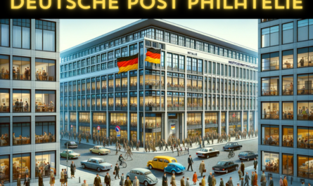 A full horizontal image of the Deutsche Post Philatelie building in Germany, including local people, vehicles, and the German flag. The scene is bustling with activity, capturing the essence of a typical urban setting in Germany. There are people in various styles of attire, some in business suits and others in casual wear, walking, conversing, and engaging in daily activities near the building. The street is lined with typical German vehicles such as cars and bicycles. The German flag is prominently displayed, either on a flagpole or attached to the building, adding a touch of national identity. The building itself is modern with a sleek design, featuring large glass windows and a clean, minimalist facade. The atmosphere is dynamic yet orderly, reflecting the German urban landscape.