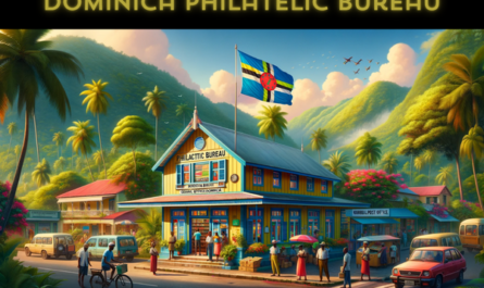 A horizontal, full-width image showcasing the Dominica Philatelic Bureau - General Post Office Dominica. This scene is set against the lush, tropical backdrop of Dominica, with the post office building embodying a blend of Caribbean architectural styles. It's a single-story structure with bright, colorful walls and a corrugated metal roof, typical of the region. The entrance is clearly marked, and the building is surrounded by vibrant local flora, including palm trees and tropical flowers. The image is alive with local people in a variety of attire, reflecting the diverse culture of Dominica. They are seen walking, conversing, and going about their daily activities. Nearby, several local vehicles, such as cars and bicycles, are parked or passing by. A Dominica flag waves proudly in the breeze, adding a patriotic touch to the bustling scene.