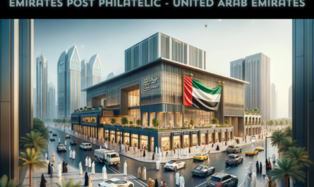 A horizontal image of the Emirates Post Philatelic building in the United Arab Emirates, featuring local people, vehicles, and the national flag. The scene is set in a modern urban environment typical of the UAE, with the building showcasing contemporary Middle Eastern architecture, characterized by sleek lines and glass facades. The area around the building is bustling with activity: people in a mix of traditional Emirati attire and modern western clothes are seen walking, conversing, and conducting their daily business. There are various local vehicles, including luxury cars and traditional taxis, adding a sense of the region's affluence and modernity. Prominently displayed is the flag of the United Arab Emirates, either flying on a flagpole or draped on the building, symbolizing national pride. The overall atmosphere is vibrant and reflects the dynamic spirit of the UAE.