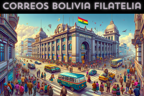 A horizontal, full-width image showcasing the Empresa de Correos de Bolivia Filatelia building, without cropping the sides, ensuring the entire scene fills the frame. The vibrant setting includes local Bolivian people in a mixture of traditional and contemporary attire, capturing the cultural diversity of Bolivia. These individuals are engaged in various activities such as walking, talking, and interacting with each other in the vicinity of the post office. Nearby, typical Bolivian vehicles, including cars and motorcycles, add a dynamic element to the street scene. A Bolivian flag is prominently displayed, symbolizing national pride. The architecture of the post office building combines modern and traditional elements, reflective of Bolivia's rich heritage. In the corner of the image, the URL 'https://www.cryptostampstop.com/' is subtly integrated, blending seamlessly with the lively and authentic representation of Bolivia's postal service environment.