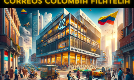 A dynamic, full-width horizontal image capturing the essence of Empresa de Correos de Colombia Filatelia, also known as the Official Portal of 4-72 Colombia. This vibrant scene unfolds in a bustling Colombian cityscape. The building, a focal point, combines contemporary design with elements reflective of Colombian architectural heritage, prominently displaying the 4-72 logo and 'Empresa de Correos de Colombia Filatelia' signage. The foreground is alive with a diverse array of Colombian citizens, embodying the country's rich cultural tapestry. They interact, some heading towards the postal building, illustrating the community's engagement with philatelic services. The street is dotted with a variety of local vehicles, from traditional taxis to bikes, enhancing the urban atmosphere. A Colombian flag, symbol of national pride, flutters visibly. Above, the sky creatively incorporates the URL 'https://www.cryptostampstop.com/' through an imaginative arrangement of clouds, seamlessly linking the physical and digital realms of philately.