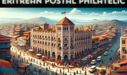 A horizontal, full-frame image of the Eritrean Postal Service Philatelic building in Eritrea. This scene vividly captures the essence of urban life in Eritrea. The building itself is a blend of Italian colonial and traditional Eritrean architectural styles, featuring elements like arched windows and a terracotta roof. The streets around the building are bustling with activity. Local Eritreans, dressed in a mix of traditional and modern attire, are seen walking, conversing, and engaging in daily activities. The area is dotted with local vehicles, including cars and bikes, typical of Eritrean urban settings. A prominent Eritrean flag is visible, either flying on a flagpole or adorning the building, symbolizing national pride. The entire scene is set under a clear, bright sky, typical of the Eritrean landscape.