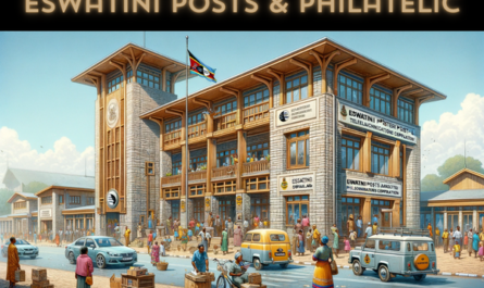 A horizontal image depicting the Eswatini Posts and Telecommunications Corporation Philatelic building in Swaziland, with local people and vehicles. The architecture reflects a blend of modern and traditional Swazi styles. The two-story building is characterized by its use of local stone and timber, with a prominent entrance. The scene around the building is vibrant, with Swazi people in a mixture of traditional and contemporary clothing. They are engaging in various activities such as walking, talking, and using services offered by the building. Nearby, typical Swazi vehicles like small cars and bikes are visible. A Swazi flag is prominently displayed, either on a flagpole or on the building, symbolizing national pride. The sky is clear and bright, adding to the lively atmosphere.