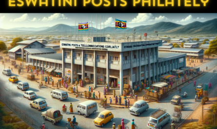 A horizontal image depicting the Eswatini Posts and Telecommunications Corporation Philately building in Eswatini, Swaziland. The scene includes local people and vehicles, capturing the essence of everyday life in Eswatini. The architecture reflects a blend of modern and traditional Swazi styles, with a one-story building featuring a combination of concrete and locally sourced materials. The entrance displays a sign with the name 'Eswatini Posts and Telecommunications Corporation Philately'. The streets around the building are lively, with local residents in a mix of traditional Swazi and contemporary clothing, and vehicles like small cars and bicycles. A Swazi flag is prominently displayed, either on a flagpole or on the building, symbolizing national pride. The image fills the entire field without cropping the sides, offering a complete view of the vibrant street scene.