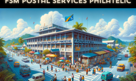 Another full horizontal image of the FSM Postal Services Philatelic building in Micronesia, filling the entire field without side cropping. The image captures a lively Micronesian street scene. It includes local people in traditional and modern attire engaging in various activities, some walking by, others in conversation near the building. The street is busy with local transport like scooters and small cars, adding a dynamic atmosphere. A prominent flag of the Federated States of Micronesia is visible, either on a flagpole or on the building. The architectural style of the building is a blend of modern and traditional Pacific designs, set in a tropical environment with a clear blue sky overhead.