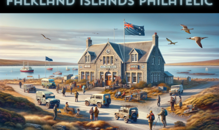 A full horizontal image of the Falkland Islands Philatelic Bureau building, including local people, vehicles, and the Falkland Islands flag. The scene is set in a serene, picturesque setting typical of the Falkland Islands. The building itself reflects a charming, rustic architectural style with stone walls and a pitched roof. Around the building, there are local residents and tourists, some wearing warm clothing due to the island's cool climate. They are seen walking, taking pictures, and engaging in casual conversations. Nearby, typical island vehicles like small trucks and off-road vehicles are parked or moving along the adjacent road. The Falkland Islands flag is prominently displayed on a flagpole or attached to the building, showcasing the local pride and identity. The landscape includes short grass, small shrubs, and a clear sky, capturing the natural beauty of the Falkland Islands.