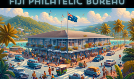 A horizontal, fully encompassed image of the Fiji Philatelic Bureau in Fiji, including local people, vehicles, and the Fijian flag. The scene is vibrant and full of life, reflecting the tropical and laid-back atmosphere of Fiji. Local Fijians, in a mix of traditional sulu skirts and modern casual wear, are seen going about their daily routines around the building. Some are chatting, others walking or conducting business. The streets are adorned with typical Fijian vehicles like small cars and scooters, adding a realistic touch. A Fijian flag is prominently displayed, fluttering in the gentle island breeze. The building itself is a blend of modern and traditional Pacific architecture, with large windows, a sloping roof, and made from local materials, fitting seamlessly into the lush, green landscape.