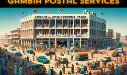 A horizontal image showcasing the Gambia Postal Services Corporation Philately building in Gambia, filled entirely in the frame. The scene is bustling with activity, reflecting the vibrant Gambian street life. Local people in a mix of traditional Gambian and casual modern clothing are seen around the building, some walking, others engaged in conversations. The area is busy with typical Gambian vehicles, including cars, vans, and bicycles, creating a dynamic and lively atmosphere. The Gambian flag is prominently displayed, either on a flagpole or on the building, symbolizing national pride. The building itself is a blend of modern and traditional African architectural styles, with a noticeable entrance and sign displaying 'Gambia Postal Services Corporation Philately - Gambia'.