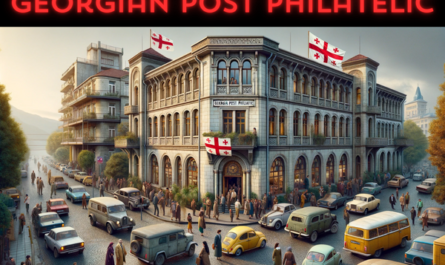 A horizontal, full-frame image of the Georgian Post Philatelic building in Georgia, including local people, vehicles, and the Georgian flag. The scene captures the essence of a busy Georgian street. Local people are dressed in a mix of traditional Georgian and modern western attire, engaging in various activities like walking, talking, and entering the building. The street is lined with typical Georgian vehicles, including cars and buses, adding a lively urban atmosphere to the scene. The Georgian flag is prominently displayed, either flying on a flagpole or attached to the building, symbolizing national pride. The architecture of the building blends traditional Georgian styles with modern elements, featuring stone construction with intricate designs and large windows.