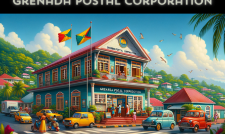 A horizontal image featuring the Grenada Postal Corporation Philatelic Bureau in its full width, capturing the entire scene without cropping the sides. The building reflects a Caribbean architectural style, with bright colors and a relaxed, tropical aesthetic. It's a single-story structure with a welcoming facade, large windows, and a sloped roof. The scene is vibrant with local Grenadians in a mix of colorful casual and traditional attire, capturing the lively spirit of the island. Nearby, there are typical Caribbean vehicles like small cars and scooters. A Grenadian flag is prominently displayed in the scene, either on a flagpole or on the building, adding a touch of national pride. The setting is lush with tropical plants and clear skies, typical of Grenada's beautiful landscape.