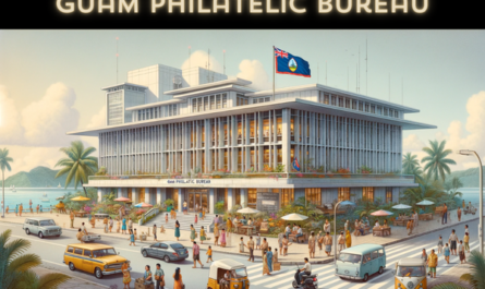 A horizontal, full-frame image of the Guam Philatelic Bureau building, including local people, vehicles, and the flag of Guam. The building is designed in a modern Pacific Island style, with a flat roof, large glass windows, and light-colored walls. The scene is lively, with local people in a mix of traditional island and modern casual attire, walking and interacting near the building. The street is filled with typical Guam vehicles like cars and scooters, adding a sense of local life. The Guam flag is prominently displayed, either on a flagpole or on the building, symbolizing the island's identity. The setting includes some tropical trees and a clear sky, reflecting Guam's beautiful natural environment.