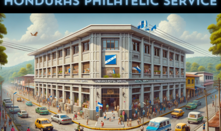 A horizontal image of the Honduras Postal Service Philatelic building, known as Honducor, in Honduras. The image is filled end-to-end, capturing the entire scene without cropping the sides. The building exhibits a blend of modern and traditional Central American architectural styles. It's a medium-sized, two-story structure with a combination of plastered walls and exposed brick, and large windows. The scene is lively with local Honduran people in various attire, reflecting the country's cultural diversity. They are seen walking and engaging in daily activities. The streets are bustling with local vehicles like cars and motorcycles. A Honduran flag is prominently displayed, either on a flagpole or on the building, symbolizing national pride. The setting is urban with tropical trees and a bright sky.