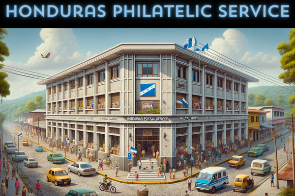 A horizontal image of the Honduras Postal Service Philatelic building, known as Honducor, in Honduras. The image is filled end-to-end, capturing the entire scene without cropping the sides. The building exhibits a blend of modern and traditional Central American architectural styles. It's a medium-sized, two-story structure with a combination of plastered walls and exposed brick, and large windows. The scene is lively with local Honduran people in various attire, reflecting the country's cultural diversity. They are seen walking and engaging in daily activities. The streets are bustling with local vehicles like cars and motorcycles. A Honduran flag is prominently displayed, either on a flagpole or on the building, symbolizing national pride. The setting is urban with tropical trees and a bright sky.