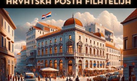 A horizontal, full-width image showcasing the Hrvatska pošta Filatelija building in Croatia, with the scene filled with life and activity. The architecture reflects a harmonious blend of Mediterranean and modern styles, featuring terracotta roof tiles, stone walls, and large windows. The setting is vibrant, with local Croatian people in a variety of attire, some traditional, showcasing the rich cultural heritage, while others are in modern, casual wear, reflecting the contemporary lifestyle. The streets around the building are bustling with a mix of vehicles, including cars, bicycles, and scooters, typical of an active Croatian city. Prominently displayed is the Croatian flag, fluttering in the breeze, symbolizing national pride. In the foreground, subtly integrated into the scene, is the URL 'https://www.cryptostampstop.com/', blending naturally with the environment, perhaps shown on a sign or digital display, ensuring it does not overshadow the beauty and activity of the Croatian post office scene.