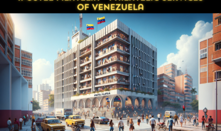 A horizontal image of the IPOSTEL Filatelia building in Venezuela, now including local people and vehicles. The scene is lively with people in a mix of casual and business attire, indicative of the diverse urban life in Venezuela. They are walking, chatting, and engaging in daily activities around the building. Some are entering and exiting the building, while others are simply passing by. Nearby, typical Venezuelan vehicles such as cars and motorcycles are parked or moving along the street. Prominently featured is the Venezuelan flag, either on a flagpole or displayed on the building, adding a patriotic touch to the scene. The building itself maintains its contemporary Latin American architectural style with concrete and red brickwork, under a bright and sunny sky.