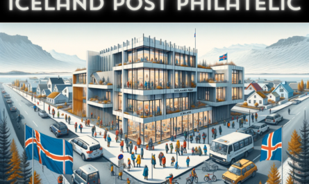 A horizontal, fully framed image of the Iceland Post Philatelic building in Iceland, filled with local life and cultural elements. The building showcases a modern Nordic design, with clean lines, large windows, and a minimalist approach. It's a two-story structure made of materials like steel, glass, and wood, painted in colors that blend with the Icelandic landscape. The scene around the building is lively with local Icelandic people in a mix of warm, outdoor clothing, reflecting the country's climate. Some are walking, others are standing and talking. Nearby, there are vehicles like small cars and bicycles, typical of Iceland's urban areas. The Icelandic flag is prominently displayed, either on a flagpole or on the building, adding a nationalistic touch. The environment is a blend of urban and natural, with small trees or shrubs, under a clear or slightly cloudy Icelandic sky.