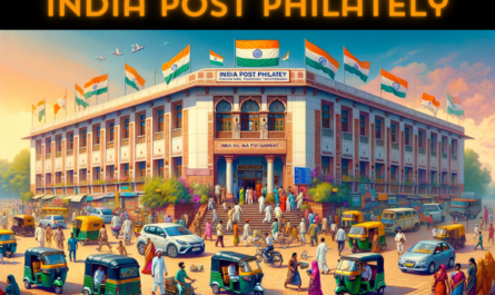 A wide, horizontal image showcasing the India Post Philately building in India, filled with local life including people, vehicles, and the Indian flag. The atmosphere is vibrant and colorful, capturing the essence of a busy Indian street scene. There are people of all ages in traditional Indian attire and modern clothing, engaged in various activities like walking, talking, and shopping. The streets are bustling with a mix of Indian vehicles such as tuk-tuks, scooters, and bicycles. The Indian flag is displayed prominently, reflecting national pride, either flying on a flagpole or affixed to the building. The architecture of the India Post Philately building blends modern and traditional Indian styles, with a significant entrance and signage.