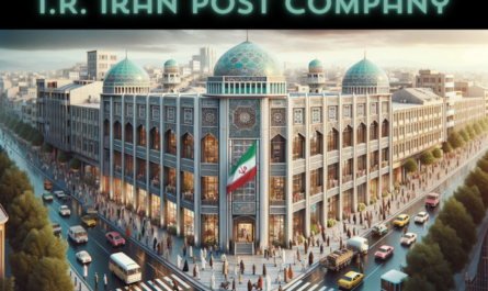 A wide, horizontal image of the Iran Post Philatelic building, part of the I.R.Iran Post Company. The building is designed in a contemporary Iranian architectural style, blending modern and traditional Persian elements. It's a two-story structure with features like a domed roof, intricate tilework, and large, ornate windows. The scene is bustling with activity, showing local people in a mix of traditional Iranian attire and modern clothing. They are walking, talking, and engaging in daily activities around the building. The streets are lined with typical Iranian vehicles, such as cars and motorcycles, adding a sense of liveliness. A prominent Iranian flag is displayed, either on a flagpole or hanging from the building, symbolizing national pride. The image captures the entire scene, showing the vibrant life and architectural beauty of Iran.