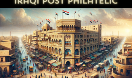 A wide, horizontal image of the Iraqi Post Philatelic building in Iraq, fully utilizing the entire field of view without cropping the sides. The scene is vibrant and bustling, capturing the essence of a typical Iraqi urban setting. The building reflects a blend of traditional Iraqi and modern architectural styles, featuring elements like arched windows and a flat roof. Local people are seen in the scene, wearing a mix of traditional Iraqi attire and modern clothes, engaged in various activities like walking, talking, and interacting near the building. The streets are lively with local vehicles, including cars and motorcycles, indicative of the busy city life. Prominently displayed is the Iraqi flag, either on a flagpole or attached to the building, symbolizing national pride and identity. The image is filled with rich details, capturing the lively atmosphere and cultural essence of Iraq.