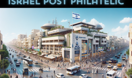 A full horizontal image of the Israel Post Philatelic building in Israel, featuring local people, vehicles, and the Israeli flag. The scene is bustling with activity, reflecting the vibrant urban life in Israel. Local people in a variety of attire, from traditional to modern, are seen walking, conversing, and engaging in daily activities near the building. Some are entering and exiting the building, while others are simply passing by. The streets are alive with typical Israeli vehicles, including cars and bicycles. Prominently displayed in the scene is the Israeli flag, either on a flagpole or attached to the building, symbolizing national pride. The architecture of the building blends modern design with elements characteristic of Israeli style, complete with a clear blue sky in the background.