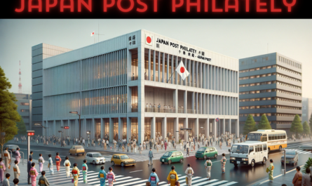 A horizontal, full-frame image of the Japan Post Philately building, incorporating local people, vehicles, and the Japanese flag. The scene captures the essence of urban life in Japan. The building reflects contemporary Japanese architecture, with sleek lines and a minimalist design, predominantly in shades of white and grey. It's a modern, multi-story structure with large glass windows and the name 'Japan Post Philately - Japan Post' displayed prominently. The street in front is bustling with activity. People in a mix of traditional kimonos and modern attire are walking, conversing, and going about their daily routines. Various Japanese vehicles, including compact cars and scooters, are visible. The Japanese flag waves gently, either atop the building or on a nearby flagpole, adding a sense of national identity to the setting.