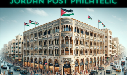 A horizontal, full-frame image of the Jordan Post Philatelic building, featuring local people, vehicles, and the Jordanian flag. The building is designed in a modern architectural style with Middle Eastern influences, including arched windows and intricate geometric patterns. It's a two-story structure with a mix of sandstone and modern materials. The bustling scene around the building shows local Jordanians in a mix of traditional and contemporary attire, some walking, others in conversation. The streets are lined with typical Jordanian vehicles like cars and motorcycles, adding to the urban atmosphere. The Jordanian flag is prominently displayed on a flagpole or on the building, symbolizing national pride. The background is a clear blue sky, typical of the Jordanian landscape.