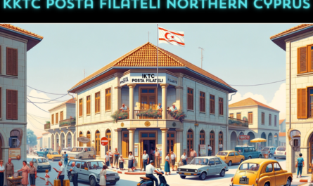 A horizontal image depicting the KKTC Posta Filateli building in Northern Cyprus, including local people, vehicles, and a flag. The scene is bustling with activity, reflecting the daily life of the area. Local residents in a mix of traditional Cypriot and modern attire are seen walking, chatting, and going about their activities near the building. The street is lined with typical Cypriot vehicles such as compact cars and scooters. The Northern Cyprus flag is prominently displayed, either flying on a flagpole or attached to the building, symbolizing the region's identity. The building itself blends modern and Mediterranean architectural styles, with terracotta roof tiles and whitewashed walls, surrounded by typical Mediterranean greenery under a clear blue sky.