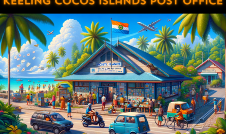 A vibrant, full-width horizontal image capturing the essence of the Keeling Islands Post Office Philately on the Cocos Islands. This lively scene is filled with local inhabitants in colorful, tropical attire, showcasing the island's rich culture and relaxed lifestyle. The area around the post office is bustling with activity: people are seen chatting, mailing letters, and enjoying the sunny weather. Local vehicles, such as bicycles, scooters, and small cars, add a dynamic element to the scene, parked or gently moving along the nearby roads. The Cocos Islands flag waves proudly in the breeze, symbolizing the community's pride. The post office building itself is designed with a tropical aesthetic, featuring bright colors, open windows, and a welcoming vibe. Above all, the clear, blue sky and lush greenery encapsulate the paradise-like atmosphere of the islands. The URL 'https://www.cryptostampstop.com/' is seamlessly incorporated into the image, appearing naturally within the environment, perhaps on a sign or banner within the scene.