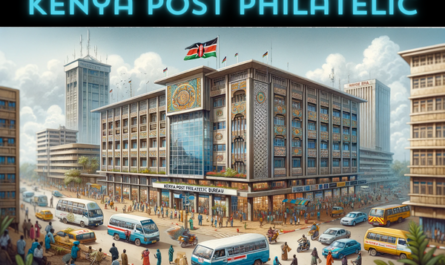 A horizontal image depicting the Kenya Post Philatelic Bureau, also known as Posta Kenya, in a full view without cropping the sides. The building is a modern structure with elements of traditional Kenyan architecture. It's a two-story building with a mix of glass and concrete, and the facade includes cultural motifs reflecting Kenyan heritage. The scene around the building is vibrant, with local Kenyan people in a mix of traditional and contemporary attire. They are walking, interacting, and some are entering the building. Various local vehicles, like minibuses and cars, are visible on the street, adding a sense of activity. The Kenyan flag is prominently displayed on a flagpole or attached to the building, symbolizing national pride. The background includes a clear sky and typical urban surroundings of Nairobi.