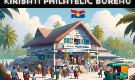 A horizontal, expansive image showcasing the Kiribati Philatelic Bureau, with a vivid portrayal of local life including people, vehicles, and the national flag. The building embodies a tropical Pacific architectural style, featuring a thatched roof and a wooden framework. It's a quaint, single-story structure, exuding a warm, inviting ambiance. The scene is animated with Kiribati residents wearing a blend of traditional and contemporary attire, illustrating the island's rich cultural tapestry. They are depicted engaged in various activities, like walking and socializing in the vicinity of the bureau. The environment is dotted with typical island vehicles like bicycles and scooters. Prominently, the Kiribati flag is displayed, either on a flagpole or on the building, symbolizing the island's heritage. The setting is lush with tropical greenery, under a bright, azure sky, encapsulating the essence of a day in Kiribati.