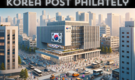 A horizontal image depicting the Korea Post Philately building, surrounded by local people, vehicles, and the South Korean flag. The building reflects modern South Korean architecture, with sleek lines, large glass windows, and a minimalist style. It is a multi-story building in an urban setting. The streets around the building are bustling with activity. Local Korean people, dressed in a mix of traditional hanboks and modern attire, are seen walking, conversing, and going about their daily lives. Various vehicles such as cars, scooters, and bicycles add to the lively urban atmosphere. The South Korean flag is prominently displayed, either flying on a flagpole or affixed to the building, symbolizing national pride and identity.