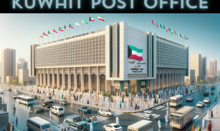 A horizontal, full-width image of the Kuwait Post Philatelic Kuwait Post Office, including local people, vehicles, and the Kuwaiti flag. The building is designed in a modern architectural style with elements of traditional Kuwaiti design. It's a spacious, two-story structure with glass facades and geometric patterns common in Islamic architecture. The scene is lively, capturing the essence of Kuwaiti urban life. Local people in a mix of traditional and modern attire are seen walking, conversing, and going about their day around the building. The streets are bustling with local vehicles, including cars and buses. Prominently displayed is the Kuwaiti flag, symbolizing national pride. The background shows a clear sky, typical of the Kuwaiti climate.