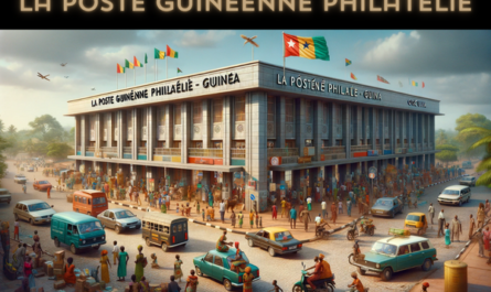 A horizontal, full-frame image of the La Poste Guinéenne Philatélie - OPG Guinea building, including people, vehicles, and a local flag. The scene depicts a vibrant African urban setting. The building itself has a modern African architectural style, featuring a mix of concrete and traditional elements, and is adorned with the name 'La Poste Guinéenne Philatélie - OPG Guinea' above the entrance. The streets are bustling with local people in colorful attire, reflecting Guinea's rich cultural heritage. Nearby, there are various vehicles like small cars and motorbikes, typical of the region. A Guinean flag is prominently displayed, either on a flagpole or attached to the building, symbolizing national identity. The image captures the lively and dynamic atmosphere of the area.