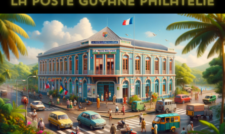 A horizontal, fully-framed image of the La Poste Guyane Philatélie building in French Guiana, including local people, vehicles, and a flag. The building reflects a tropical French architectural style, with colorful facade and large windows. It's a two-story structure with a welcoming entrance. The scene around the building is vibrant, with local people in a mix of tropical casual and business attire, indicative of the diverse culture in French Guiana. They are seen walking, engaging in conversations, and some are entering or exiting the building. The street is alive with typical local vehicles such as cars and scooters. The flag of French Guiana is prominently displayed, either on a flagpole or on the building, adding a sense of local pride. The surrounding environment is lush with tropical vegetation, under a bright, sunny sky.