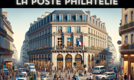 A horizontal image of 'La Poste Philatélie' in France, filling the entire field of view without cropping the sides. The scene captures the essence of urban France, bustling with activity. The building reflects classic French architecture with a modern touch, featuring elegant stone facades and large windows. In front of the building, there are people in various styles of dress, from chic casual to business attire, reflecting the diversity of French urban life. The streets are busy with typical French vehicles, including cars and scooters. A French flag is prominently displayed, either on a flagpole or on the building itself, adding a patriotic touch to the scene. The overall atmosphere is lively and distinctly French, set under a clear sky.