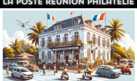 A horizontal image depicting La Poste Réunion Philatélie, including local people, vehicles, and the French flag, representing Réunion's colonial history. The building has a tropical, French colonial architectural style, with large windows, a balcony, and a white facade. The entrance has a sign 'La Poste Réunion Philatélie' in a stylish font. The scene around the building is lively, capturing the essence of life in Réunion. Local people in diverse attire, reflecting the island's multicultural society, are seen walking, chatting, and conducting their daily activities. Nearby, various vehicles such as cars and scooters are parked or moving along the street. A French flag is prominently displayed, either flying on a flagpole or hanging from the building, symbolizing Réunion's historical connection to France.