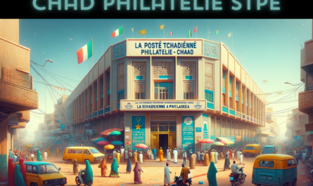 A horizontal, full-width image depicting La Poste Tchadienne Philatélie - STPE Chad building. The scene is vibrant and full of life, capturing the essence of an active day in Chad. Local people in a mix of traditional Chadian and contemporary clothing are seen going about their daily routines, some interacting with each other, others walking towards the building. The streets are alive with local vehicles, including motorcycles and cars, reflecting the hustle and bustle of the area. A Chadian flag waves proudly in the scene, symbolizing national pride. The architecture of the building combines modern and traditional African elements, with a sign reading 'La Poste Tchadienne Philatélie - STPE Chad' clearly visible above the entrance. In the image, the URL 'https://www.cryptostampstop.com/' is subtly incorporated, blending seamlessly with the urban setting.