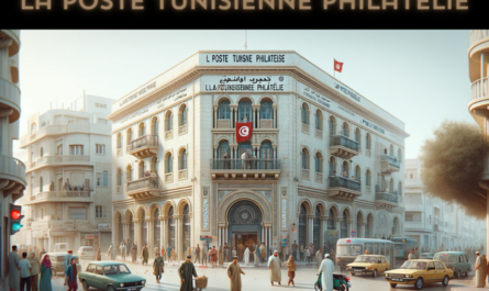 A horizontal image of the La Poste Tunisienne Philatélie building in Tunisia, featuring local people and vehicles. The scene captures the essence of a bustling Tunisian city. Local people in a mix of traditional Tunisian attire and modern clothing are seen engaging in daily activities, walking, and conversing near the building. Some are entering and exiting the building, adding a sense of liveliness. The street is lined with typical Tunisian vehicles like compact cars and motorbikes, reflecting the busy urban life. The Tunisian flag is prominently displayed, either on a flagpole or on the building itself, symbolizing national pride. The building maintains a blend of modern and traditional Tunisian architectural styles, with arches and intricate designs, set against a clear sky.