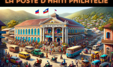 A horizontal, full-field image of La Poste d'Haiti Philatélie, the Office des postes d'Haïti, featuring local people, vehicles, and the Haitian flag. The scene is bustling with activity, reflecting the vibrant culture of Haiti. People in a mix of colorful traditional Haitian clothing and modern attire are seen walking, conversing, and conducting daily activities around the post office. The street is filled with typical Haitian vehicles, including tap-taps (colorfully painted buses) and motorcycles, adding a dynamic feel to the setting. The Haitian flag is prominently displayed, either on a flagpole or hanging from the building, symbolizing national pride. The architecture of the post office building is a blend of colonial and modern styles, with bright colors and a welcoming entrance.