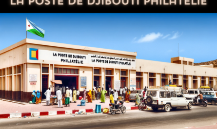 A full horizontal image of La Poste de Djibouti Philatélie, capturing the entire scene without cropping. The setting is vibrant and depicts a typical day outside the postal service in Djibouti. The architecture of the building is a harmonious blend of modern and traditional African elements, featuring a flat roof, large windows, and the entrance prominently displaying 'La Poste de Djibouti Philatélie' in both French and local languages. The scene is bustling with activity: local people in a mix of traditional and contemporary clothing are seen walking, conversing, and conducting postal business. Various local vehicles, including cars, motorcycles, and bicycles, are parked or moving along the street. A Djiboutian flag waves proudly from a flagpole, symbolizing national pride. This image fully encompasses the lively atmosphere and cultural diversity of Djibouti.