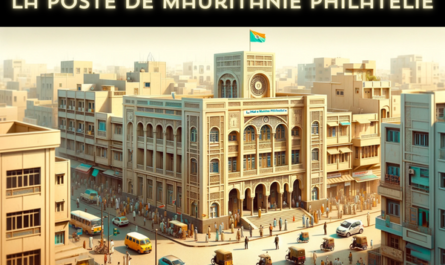 A horizontal image depicting the La Poste de Mauritanie Philatélie building, the Mauritian Post Company, filled entirely in the frame. The building showcases a blend of modern and traditional Mauritanian architectural styles, featuring a flat roof, arched doorways, and intricate geometric patterns. It's a two-story building with a sandy color scheme that reflects the local environment. The scene includes local people in a mix of traditional and contemporary attire, indicative of Mauritania's diverse culture. They are engaged in various activities like walking, talking, and using the postal services. The streets are dotted with typical Mauritanian vehicles such as cars and mopeds. A Mauritanian flag is prominently displayed, either on a flagpole or on the building, symbolizing national pride. The entire image captures the essence of urban life in Mauritania.