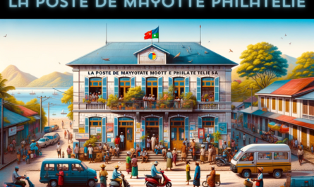 A horizontal image depicting the La Poste de Mayotte Philatélie building, fully utilizing the entire field of view without cropping. The scene is vibrant and full of life, representing a typical day in Mayotte. Local people in a mix of traditional Mahoran and modern attire are seen engaging in daily activities, some walking past the building, others conversing nearby. Various local vehicles, such as cars and scooters, are visible on the street, adding movement to the scene. A flag of Mayotte is prominently displayed, either on a flagpole or on the building, symbolizing local pride. The building itself blends modern and traditional architectural styles, with a facade that reflects the unique cultural identity of Mayotte.