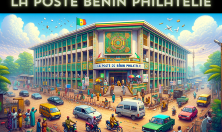 A full, horizontal image of La Poste du Bénin Philatélie building in Benin, ensuring the image fills the entire field without cropping the sides. The scene is vibrant, capturing the essence of daily life in Benin. The building reflects a blend of modern African architecture with traditional elements, characterized by bright colors and unique designs. People in a mix of traditional Beninese and contemporary attire are seen going about their daily activities, interacting near the entrance. Various local vehicles, including motorcycles and cars, are present, depicting the bustling street life. A Beninese flag is prominently displayed, symbolizing national pride. In the foreground of the image, subtly integrated into the scene, is the URL: https://www.cryptostampstop.com/, indicating a modern connection to philately and the digital world.